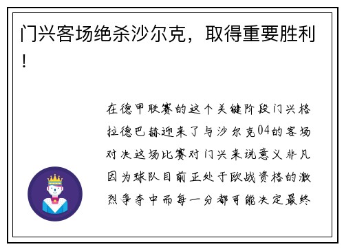 门兴客场绝杀沙尔克，取得重要胜利！